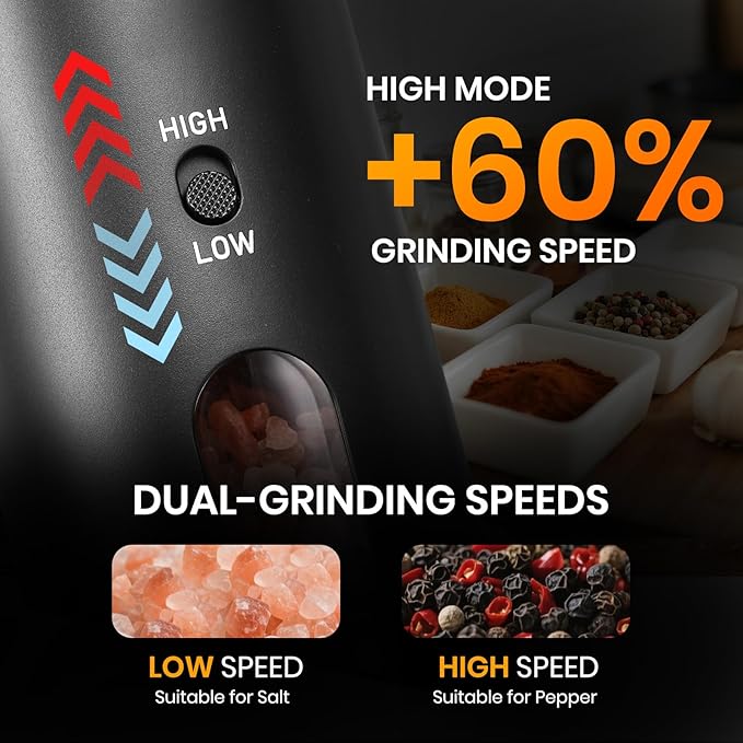Rechargeable Salt Grinder Set Top-Refill Electric Grinders with Variable Grinding Speed, External Adjustable Coarseness, Black