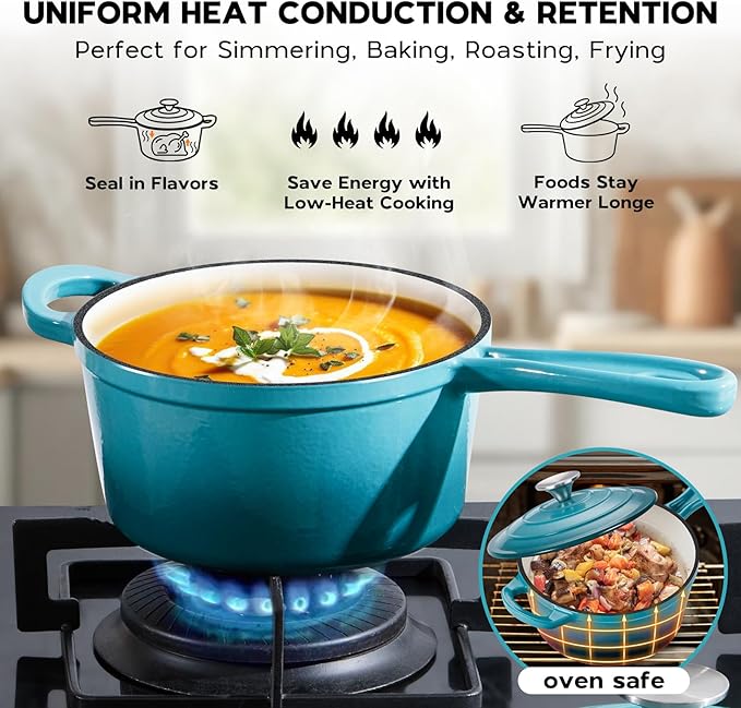 Onader Enameled Cast Iron Sauce Pan, 2QT Saucepan with Lid, Small Cast Iron Pot for Cooking, Enamel Dutch Oven Nonstick & Heavy Duty ??Dark Cyan