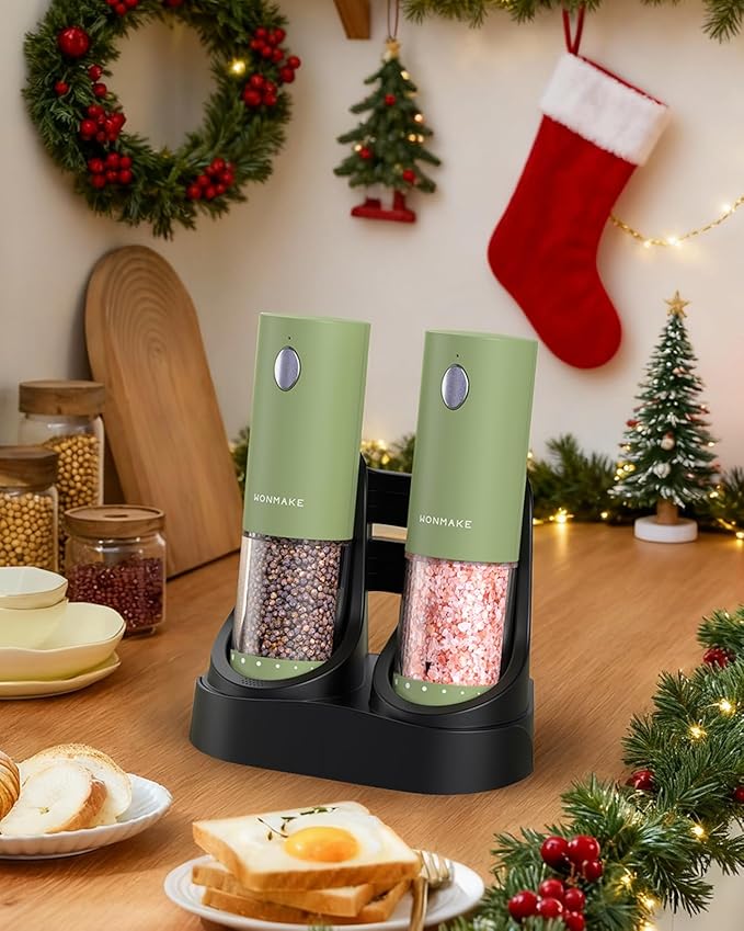 Electric Salt and Pepper Grinder Set - Automatic Refillable Salt and Pepper Grinders with Charging Base & LED Light, 6-Level Adjustable Coarseness with External Dial, Ideal Kitchen Gadget竊똆reen