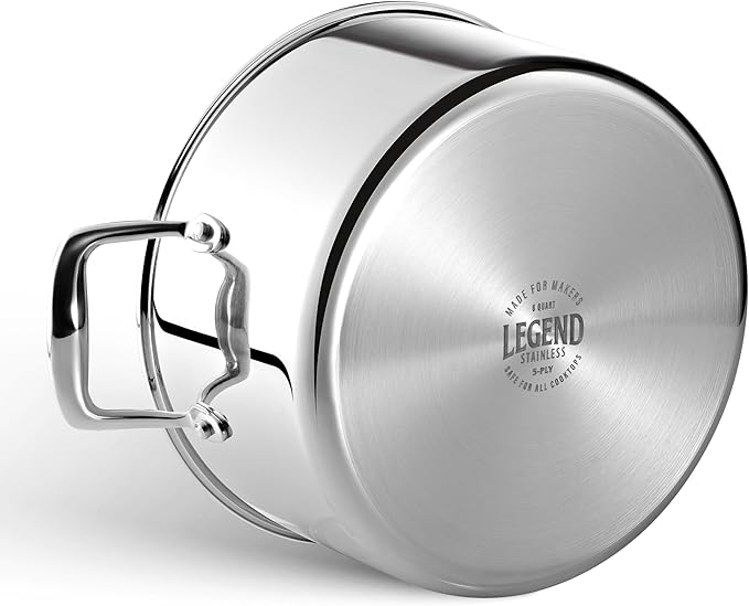 LEGEND COOKWARE 5-Ply Stainless Steel 6-Quart Stock Pot with Lid - Induction Compatible, Oven Safe 800째F - Non-Toxic, No Coatings - Even Heating, Won't Warp - Built to Last Generations