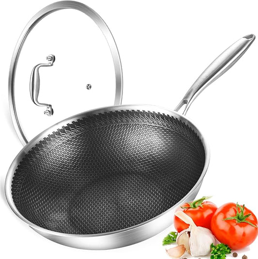 DELARLO 12" Nonstick Wok Pan With Lid, Tri-Ply Stainless Steel Saute Pan with Lids, 600?? 5QT Deep Frying pan, Induction Wok Nonstick,Woks & Stir-Fry Pans