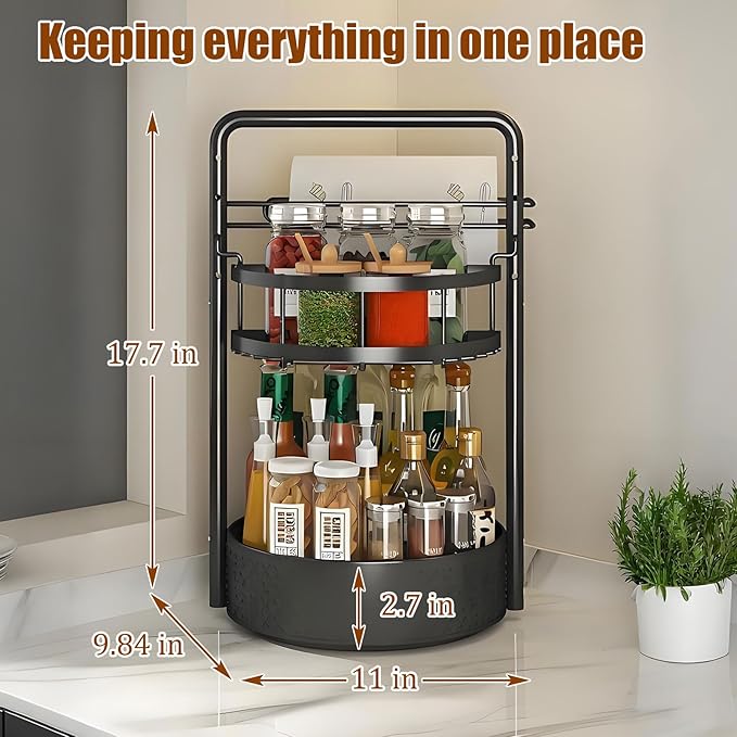 JEESA Rotating Spice Rack with Paper Towel Holder, 2 Tier Lazy Susan for Spices, Sturdy Iron Seasoning Organizer for Kitchen Countertop, Black