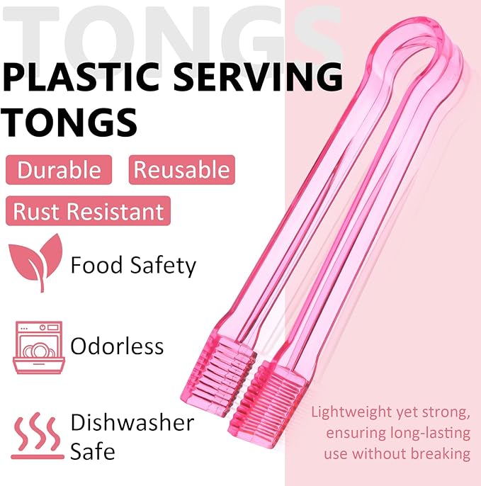 12 PCS Plastic Serving Tongs, 6.3 Inches Pink Disposable Tongs Kitchen Small Serving Utensil Tongs for Party Ice atering Buffet Bakery Salad