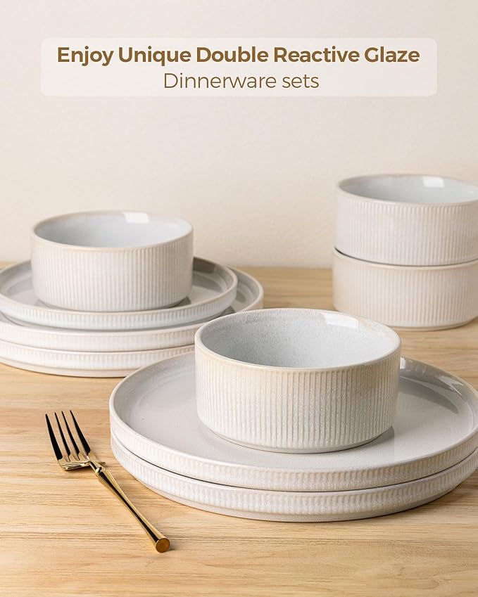 GBHOME Stoneware Dinnerware Sets for 4, Round Reactive Glaze Ceramic Plates and Bowls Set, Highly Scratch Resistant | Dishwasher & Microwave Safe 竊똕ervice for 4(12Pcs),Sugar White