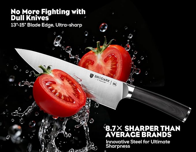 BRODARK Kitchen Knife Set, Ultra Sharp 15 Pcs Knife Set with Block, Full Tang Chef Knives, High Carbon Stainless Steel Knife Block Set with Sharpener, Wooden Handle, Christmas Gifts