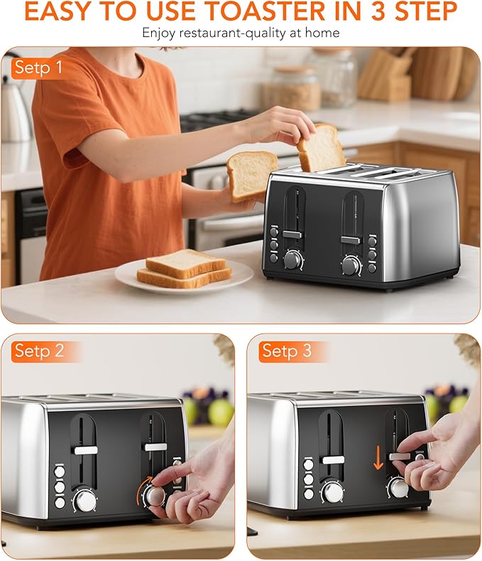 Cowsar 4 Slice Toaster, Compact Toaster with Extra Wide Slots for Toasting Bread, Bagel, Cancel/Bagel/Defrost Function, Dual Independent Controls, 6 Shade Settings, Removable Trays, Brushed Stainless