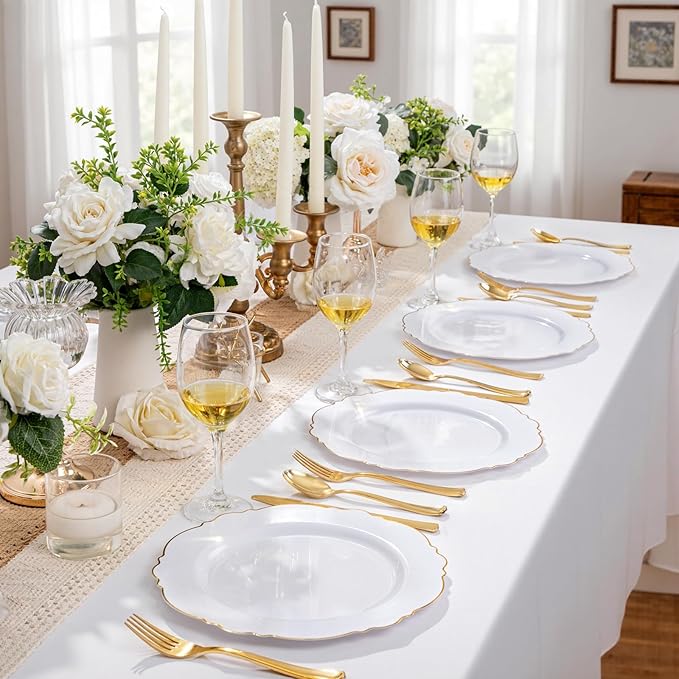 WDF 60pcs Gold Plastic Dinner Plates -10.25inch Baroque White and Gold Plates Fancy Heavy Duty Plastic Plates for Upscale Valentine's Day & Wedding & Birthday