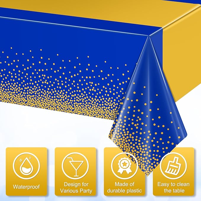 3Pcs Blue and Gold Tablecloth Party Decorations,Plastic Royal Blue Table Cloth Printed Gold Tables Runner Disposable Rectangle Table Cover for Birthday Anniversary Wedding Graduation Party,54 x108Inch