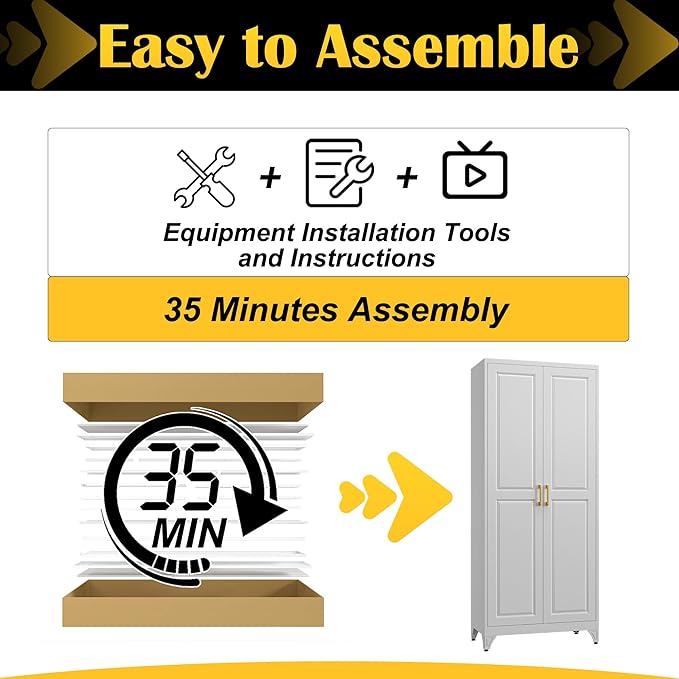 Kitchen Pantry Cabinet,75?쓂hite Metal Storage Cabinets with Doors and 4 Adjustable Shelves,Kitchen Cabinet with 2 Gold Handles,Tall Cabinet for Livingroom,Pantry, Bathroom