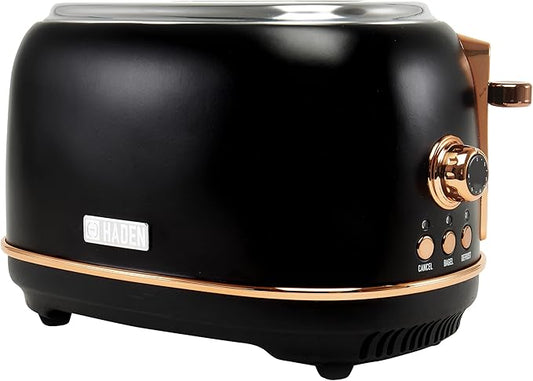 Haden Heritage 2 Slice Wide Slot Stainless Steel Toaster with Adjustable Browning Control & Non-Slip Feet, Black & Copper