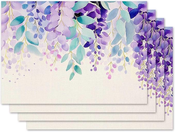 Jauageon Eucalyptus Leaves Placemat Set of 4 Spring Plants Placemats Purple Flowers Table Mats for Indoor Outdoor Home Party Kitchen Dining Decor Farmhouse Burlap Table Mats 12x18 Inch