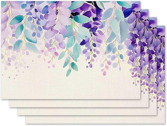 Jauageon Eucalyptus Leaves Placemat Set of 4 Spring Plants Placemats Purple Flowers Table Mats for Indoor Outdoor Home Party Kitchen Dining Decor Farmhouse Burlap Table Mats 12x18 Inch