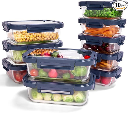 10-Pack Glass Food Storage Containers with Tempered Lids ??Borosilicate, Airtight, Oven-Safe (-4째F~950째F), BPA-Free, 4.4 & 1.6 Cup, Leak-Proof, Dishwasher Safe (Blue)