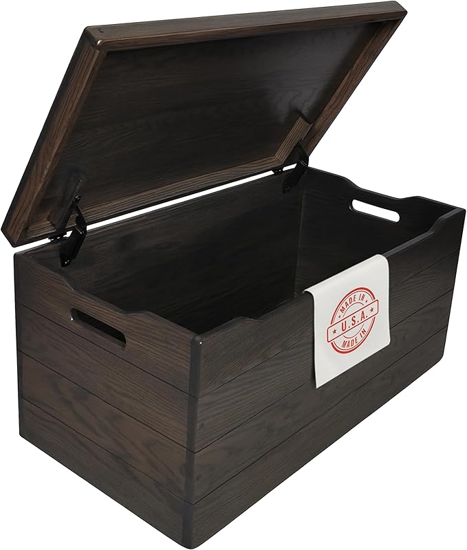 Hope Woodworking Amish Made Wooden Storage Chest Trunk Box with Lid and Handles for Bedroolanket, Clothes, Anti-Slam Hinges, Handmade, Rustic, Oak Wood, Antique Slate Stain, 36"
