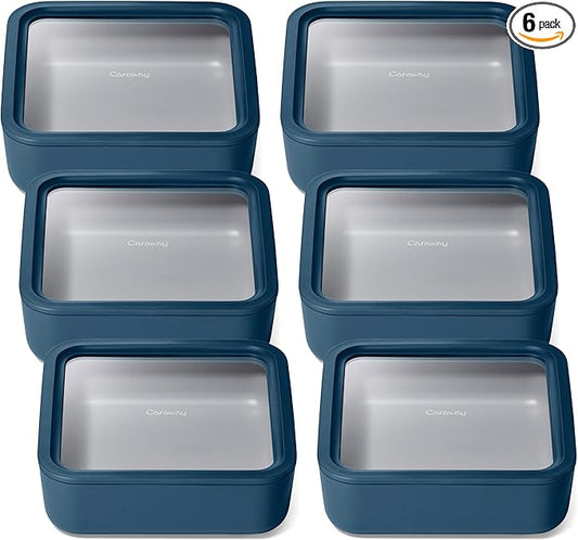 Caraway 6pc Glass Food Storage Set ??10 Cup Food Containers (6) - Ceramic Coated - Non Toxic, Non Stick with Lids - Microwave Safe - Navy