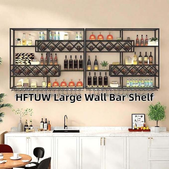 118 Inch Wine Rack Wall Mounted, 4 Tier Large Wall Mounted Liquor Shelf & Bar Shelf, Metal Wall Wine Rack with Glass Holder, Bar Shelves for Liquor Bottles Display Storage, Black (No Lights)
