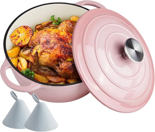 4.5 Quart Dutch Oven Enameled Cast Iron with Lid - Big Dual Handles - Oven Safe up to 500째F - Classic Round Pot for Versatile Cooking Pink