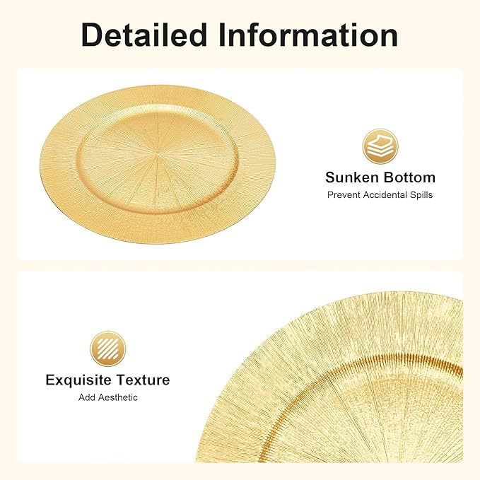 50pcs Gold Charger Plates, 13" Round Reusable Decorative Flower Relief Carving Bulk Chargers for Dinner Plates, Wedding, Bridal Shower