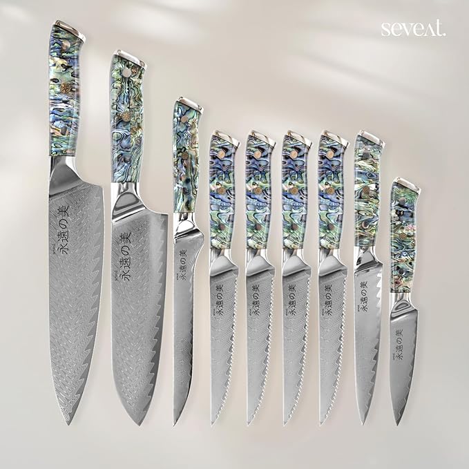 Damascus Kitchen Knife Set, 67-Layer Damascus Steel, Professional Chef Knives Set for Kitchen, Ergonomic Wood & Resin Handle (Blue, 9 pieces with Wooden Block)