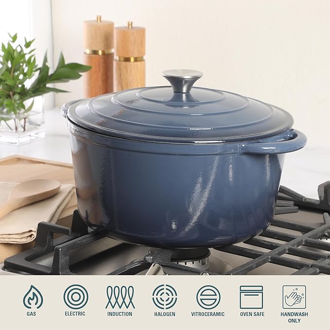 Gibson Home Addlestone 7 Qt Enameled Cast Iron Dutch Oven Pot with Lid ??Round, Oven Safe to 500째F, Ideal for Bread Baking & Stews - Gradient Navy Blue