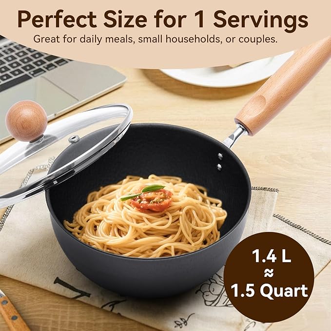 WANGYUANJI 7.1 Inch Hammered Iron Saucepan with Glass Lid, Removable Beechwood Handle, Small Milk Pot for Boiling, Simmering, Heating ??Non-Coated, Stovetop Compatible