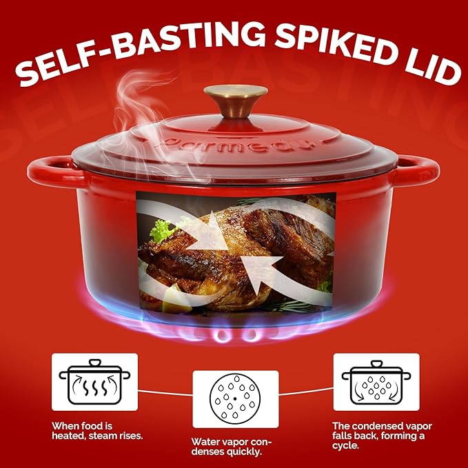 5.5 QT Enameled Cast Iron Dutch Oven ??Heavy-Duty Red Pot with Lid & Dual Handles, Ideal for Bread Baking, Stews & Roasting ??Includes Recipe Book