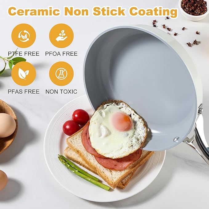 Non Stick Frying Pans Set, Ceramic Skillet, Non Toxic Omelette Egg Pans for Cooking, 8" 9.5" 11" PFAS & PTFE & PFOA Free with Stainless Steel Handle, Dishwasher & Oven Safe, White