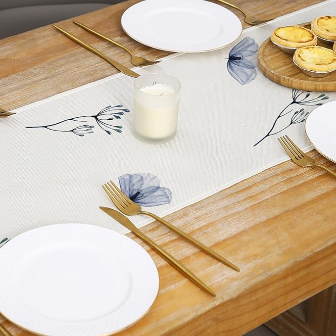 ZCHOMI Poppy Floral Leaves Table Runner 13x72 Inch Seasonal Spring Summer Blue Flower Kitchen Dinning Table Decoration for Home Party Decor