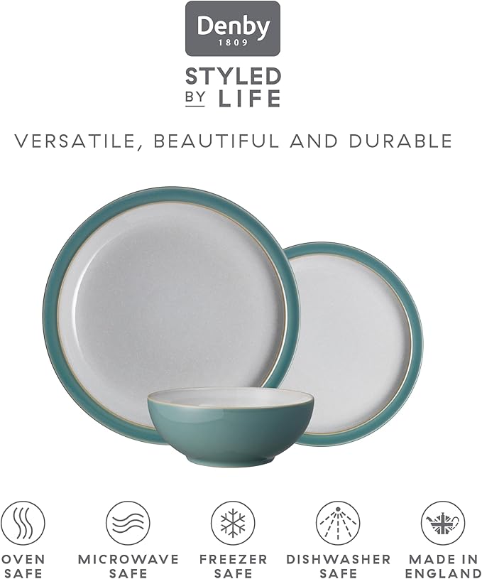 Denby - Elements Fern Green Dinner Set For 4-12 Piece Simple Ceramic Stoneware Tableware Set - Dishwasher Microwave Oven Safe - Scratch Chip Resistant