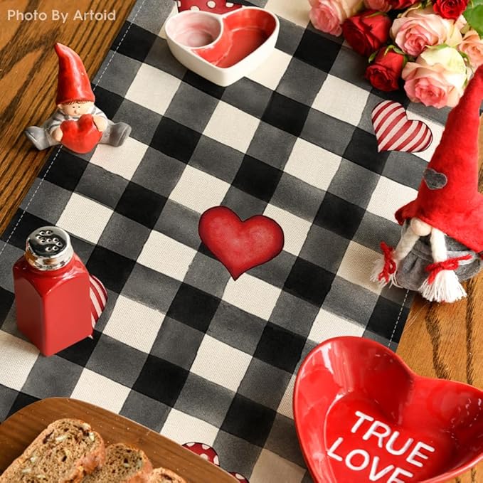 Artoid Mode Watercolor Buffalo Plaid Hearts Truck Love Valentine's Day Table Runner, Anniversary Wedding Kitchen Dining Table Decoration for Indoor Outdoor Home Decor 13 x 72 Inch