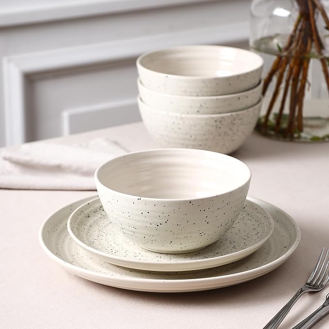Stone Lain Dua 24-Piece Dinnerware - Stoneware, Plate and Bowls, Dishwasher and Microwave Safe, Dish Set for 8, White
