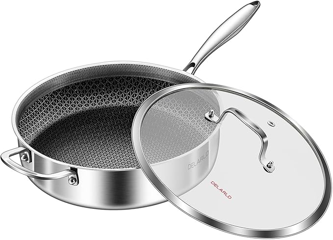 DELARLO Frying Pan,12 inch Tri-Ply Stainless Steel Skillet,6 Quart Saute Pan with lid, Compatible with All Cooktops,Oven Up to 660??Chicken Fryer,Dishwasher-Friendly