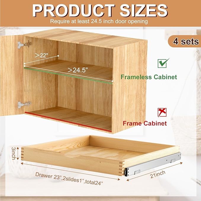Sintuff 4 Set Wooden Pull out Tray Cabinet Organizer Gentle Close Roll out Shelves for Kitchen Cabinets Fully Assembled Slide Pantry Shelves (24'' X 21'')