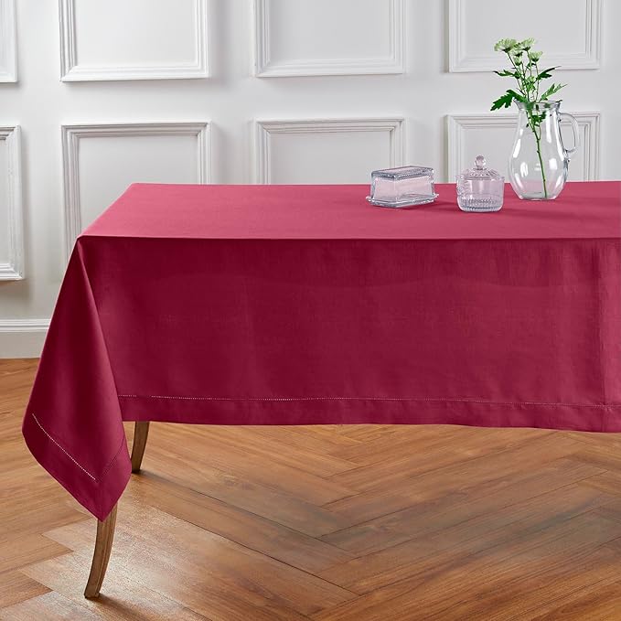 Solino Home Beet Linen Tablecloth 60 x 120 Inch - 100% Pure Linen Hemstitch Table Cloth for Rectangle Tables - Classic Hemstitch, Machine Washable Tablecloth for Valentines, Winter, Easter