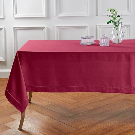 Solino Home Beet Linen Tablecloth 60 x 120 Inch - 100% Pure Linen Hemstitch Table Cloth for Rectangle Tables - Classic Hemstitch, Machine Washable Tablecloth for Valentines, Winter, Easter
