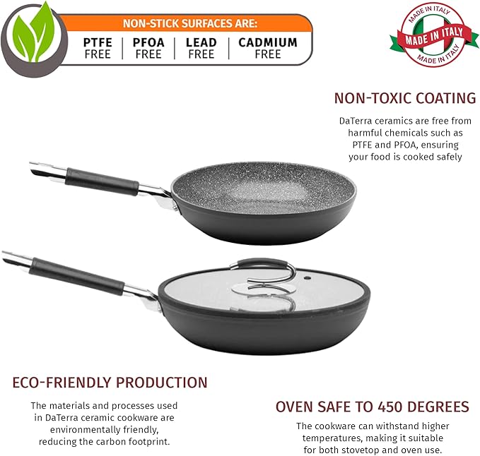 DaTerra Cucina Nonstick 2-Piece Induction Frying Bundle ??9.5" Ceramic Fry Pan & 11" Ceramic Frying Pan with Lid ??Oven & Induction Safe, Nonstick Cookware, PTFE & PFOA Free - Made in Italy, Black