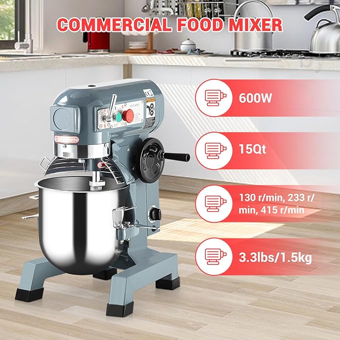 15Qt Commercial Stand Mixer, 600W Heavy-Duty Stainless Steel Stand Mixer with Timer, 3 Speeds & Attachments for Bakeries, Restaurants, Pizzerias