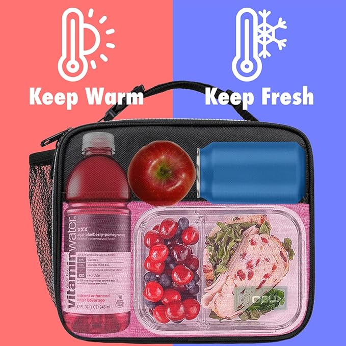 opux Insulated Lunch Bag Kids, Lunch Box for School Boy Girl, Leakproof Small Reusable Compact Soft Mini Cooler Bag, Toddler Small Lunch Boxes Kit Pail with Front Side Pockets (Pink)