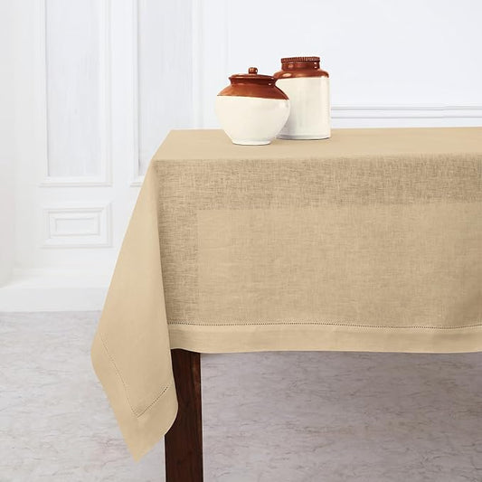 Solino Home Linen Tablecloth for Rectangle Tables 60 x 108 Inch - Classic Hemstitch 100% Pure Linen Beige Table Cloth - Machine Washable Cloth Tablecloth for Spring, Easter
