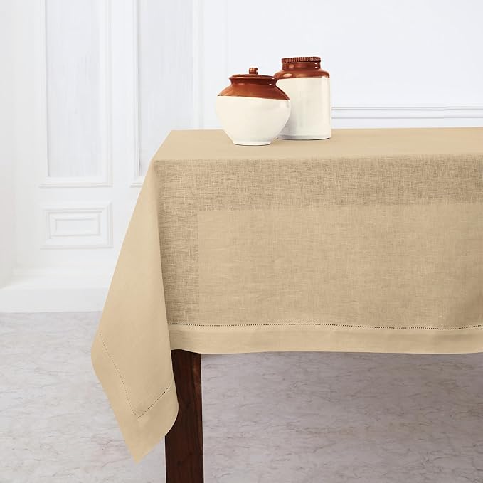 Solino Home Beige Linen Tablecloth 60 x 120 Inch - Classic Hemstitch, 100% Pure Linen Rectangular Tablecloth - Machine Washable Table Cloth for Spring, Easter