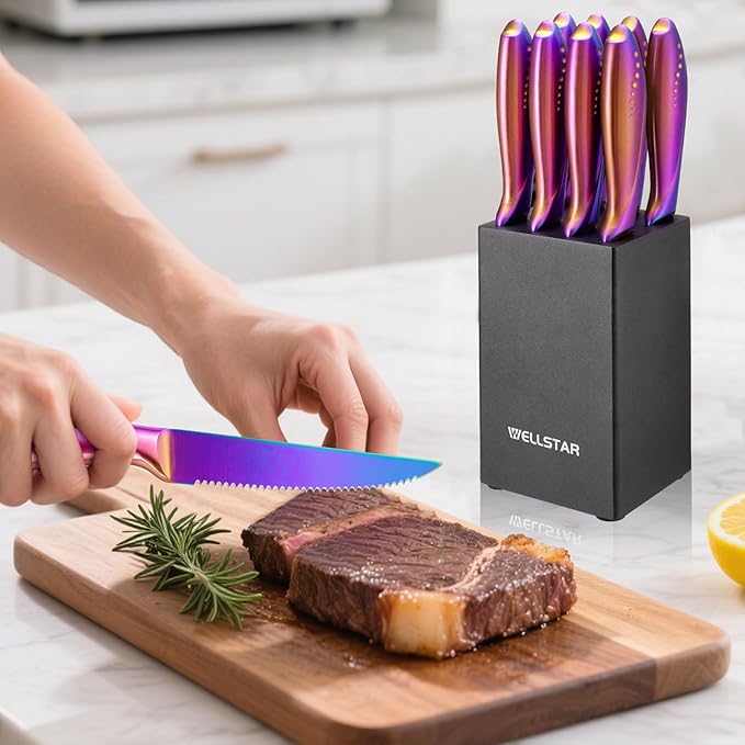 WELLSTAR Steak Knives Set of 8 with Wood Block, 4.75 Inch Rainbow Serrated Steak Knife Set, Razor Sharp German Stainless Steel with Full Tang Handle, Space Saving Steak Knife Set