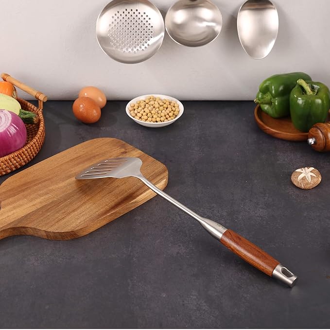 18/10 Stainless Steel Kitchen Utensils Set with Wood Handle - 15??Long Metal Cooking Tools - Serving Solid/Slotted Spoon, Tunner, Skimmer, Soup Ladle, Spaghetti Spoon, Large Spoons Set of 6