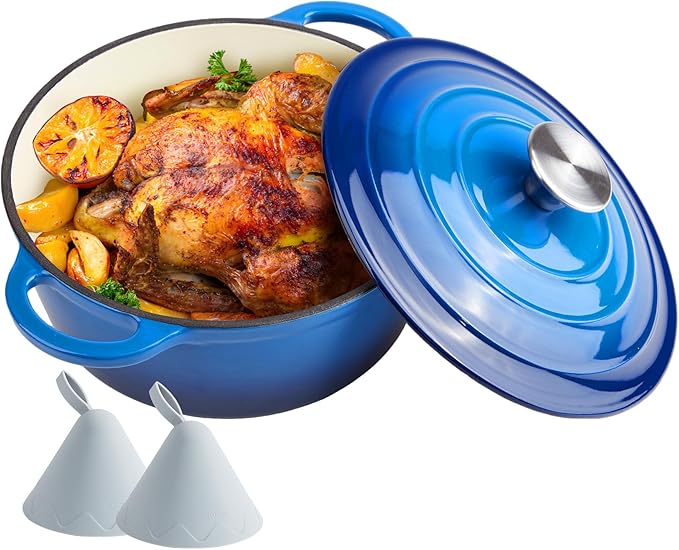 4.5 Quart Dutch Oven Enameled Cast Iron with Lid - Big Dual Handles - Oven Safe up to 500째F - Classic Round Pot for Versatile Cooking Blue