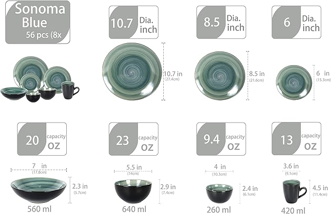 Stoneware Sonoma Dinnerware Set, Black + Speckled Spin Wash (56pc Set, Mix Blue, Green, Red, Yellow)