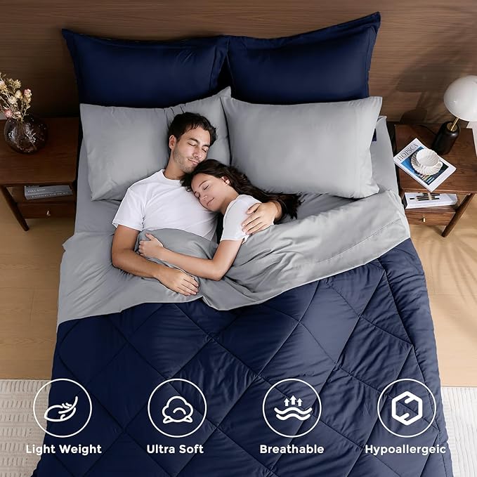 HEVUMYI Full Comforter Set - 7-Piece All Season Bed in a Bag Full, Ultra Soft Bedding Set with Comforter, Flat Sheet, Fitted Sheet, Pillowcases, Pillow Shams, Navy Blue & Light Grey