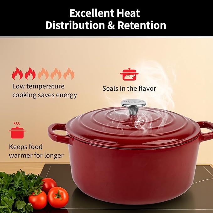 Enameled Cast Iron Dutch Oven Pot with Lid, 5.7 Quart Dutch Oven for Bread Baking, Oven Safe up to 500째 F, Suitable for Bread Baking, Braising, Roasting, Stews, Red