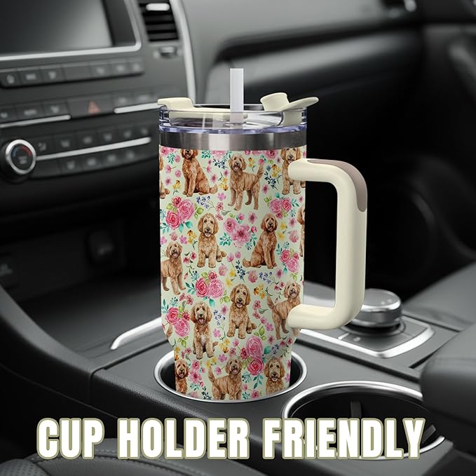 Yogusut Goldendoodle Gifts for Women, 40oz Stainless Steel Insulated Tumbler Travel Mug Cup with Handle Straw, Gifts for Dog Mom Dog Lover