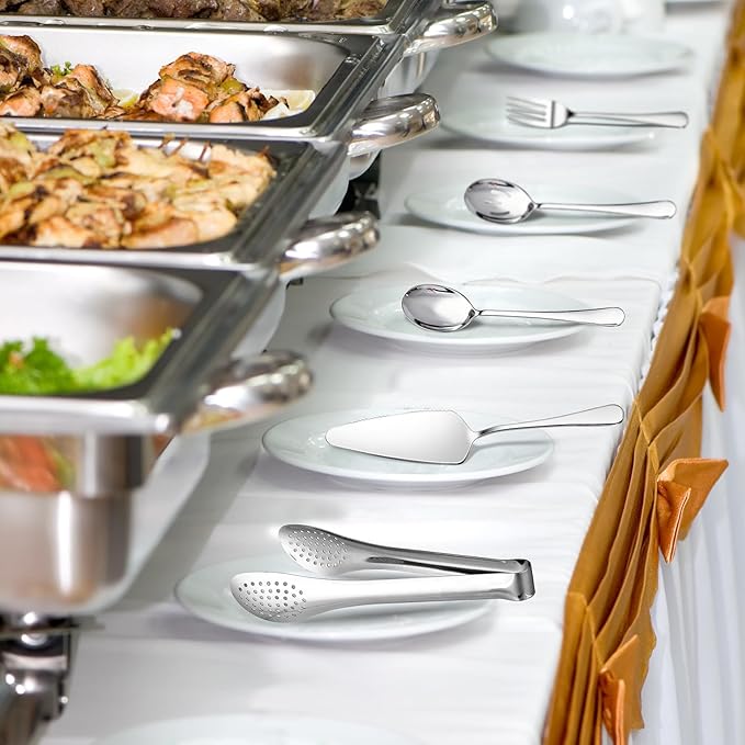 Dualshine 10PCS 18/8 Stainless Steel Serving Utensils Set for Parties, Kitchen Serving Tools-Include Serving Spoons, Slotted Spoons, Serving Forks Tongs Soup Ladle, Cake Pie Server for Buffet, Wedding