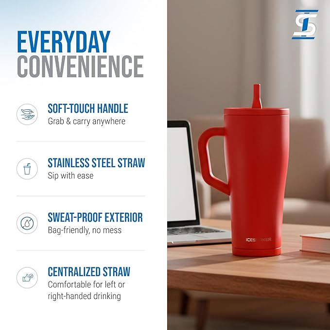 Ice Shaker 32 oz Tumbler with Handle and Straw | 32oz Red | Cold for 30+ Hours | 2-in-1 Tumbler Shaker Bottle | Odor-Free 32 ounce Bottle for Water, Protein Shakes, Smoothies, Cocktails
