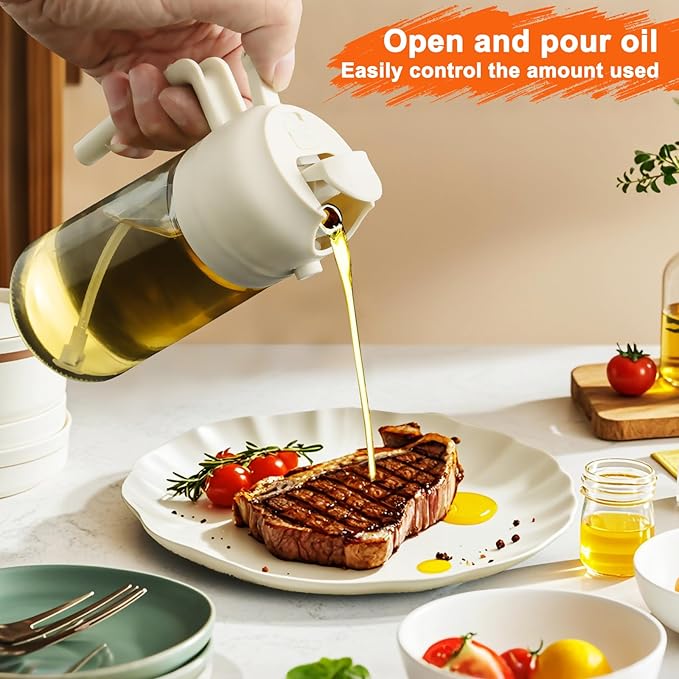 2 in 1 Glass Oil Sprayer & Dispenser,16oz/470ml Olive Cooking, Air Fryer, and Salad, for Kitchen Gadgets and Air Fryer Accessories, w/Stickers (White)
